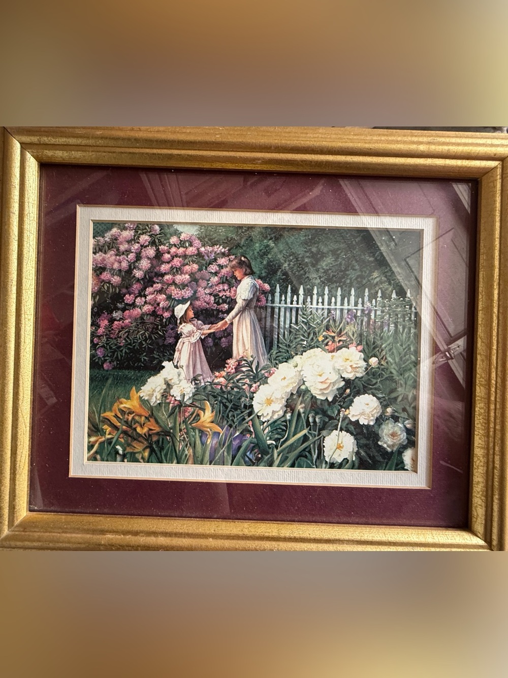 Vintage Framed Cottage Garden Prints Set of 2 Girls Floral Art Gold Frame
